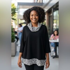 Chico's Women's Black Sweater Animal Print Cowl Neck 3/4 Sleeve size Large (12)
